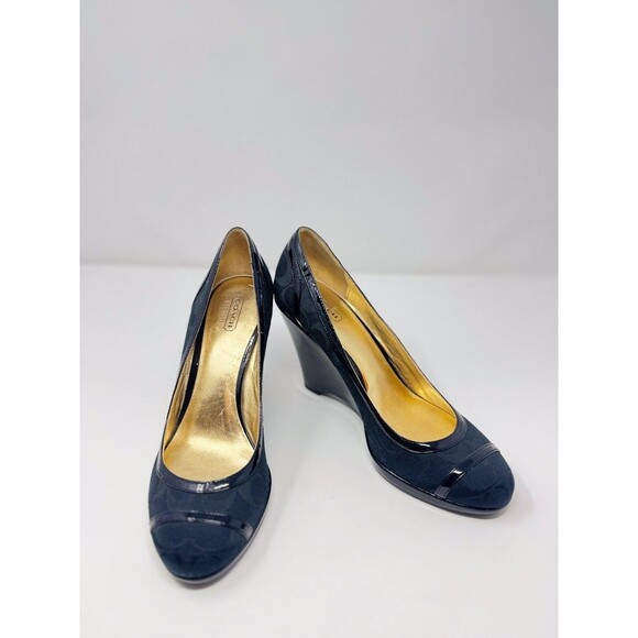 Coach Sandals Blue Leather Kerryann Signature Slip On Wedge Heel Pump US 10 B - Picture 2 of 9